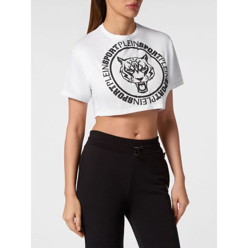Plein Sport Women Cropped Jersey T-Shirt Plein Sport With Contrast Logo Print